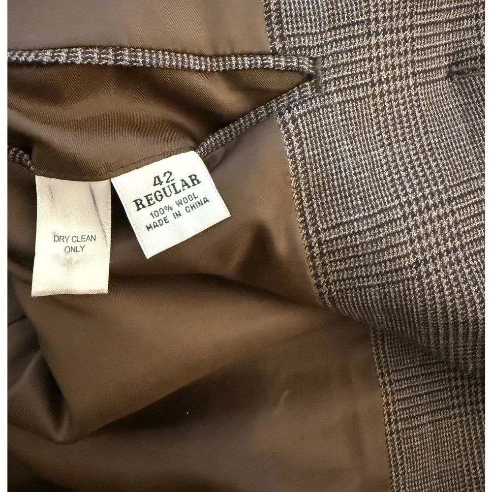 Linea Uomo Glen Check Sport Coat Mens 42R Brown Wool Three-Button‎ Blazer Jacket